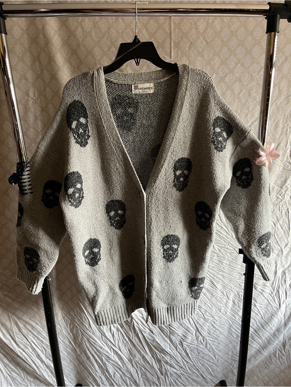 No Boundaries Light Gray Cardigan with Black Skull Pattern - Picture 4 of 7